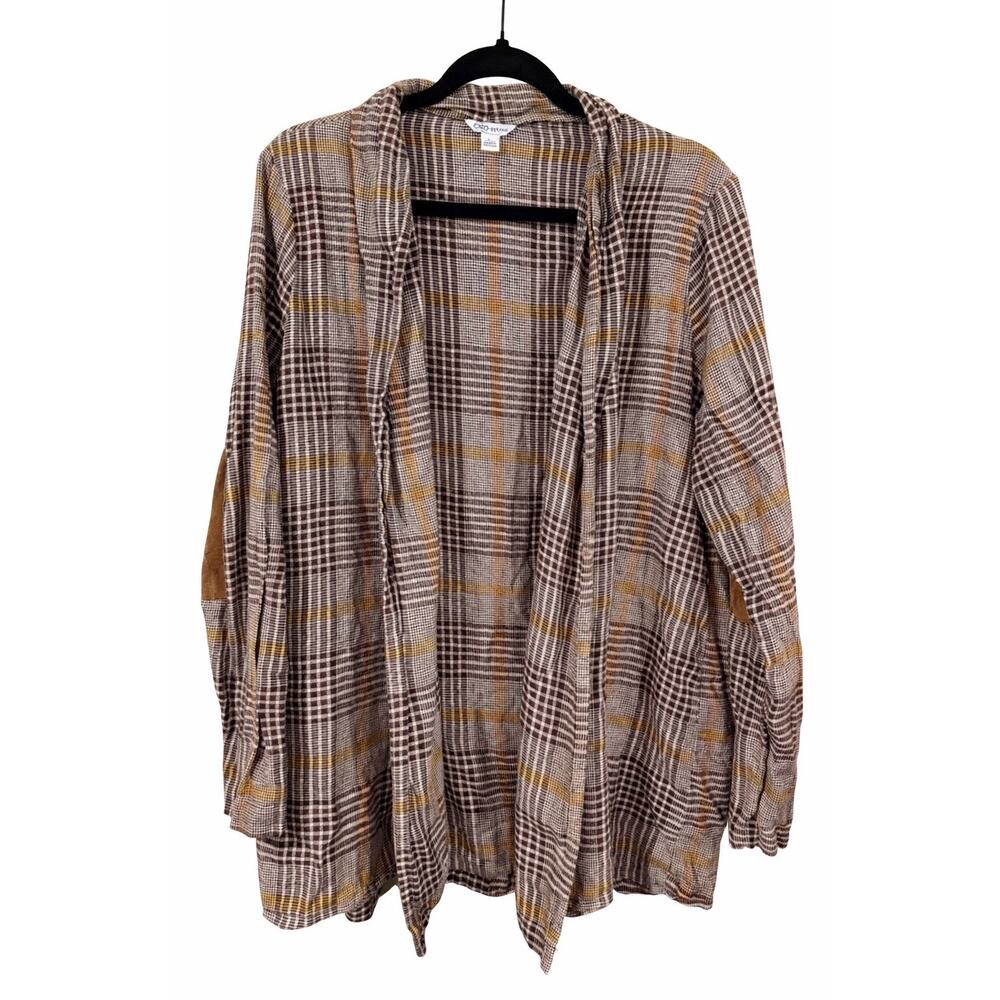 Cato Plaid Large Open Front Cardigan Jacket Elbow Patches Heritage Preppy Womens